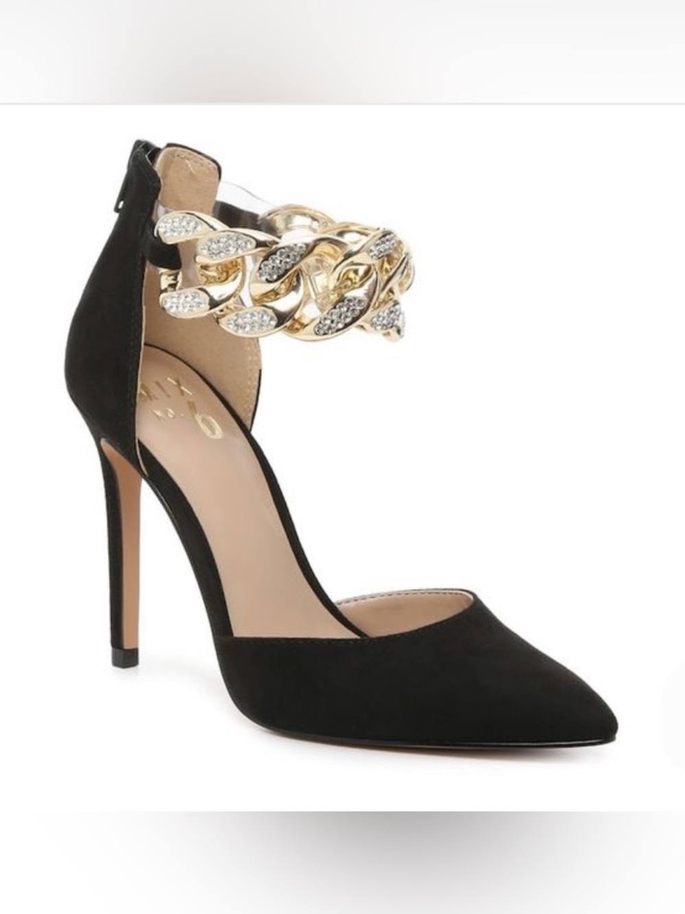 Mix No. 6 Dinla Black Suede Pointed-Toe Pump with Gold Crystal Chain Ankle Strap
